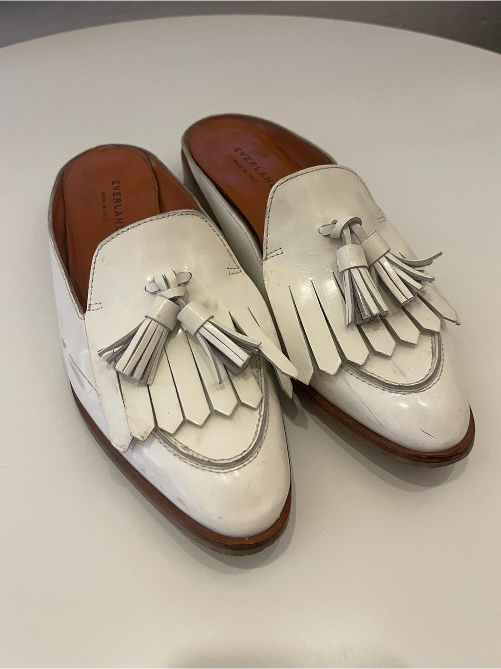 Everlane White Leather Tassel Loafer Mules